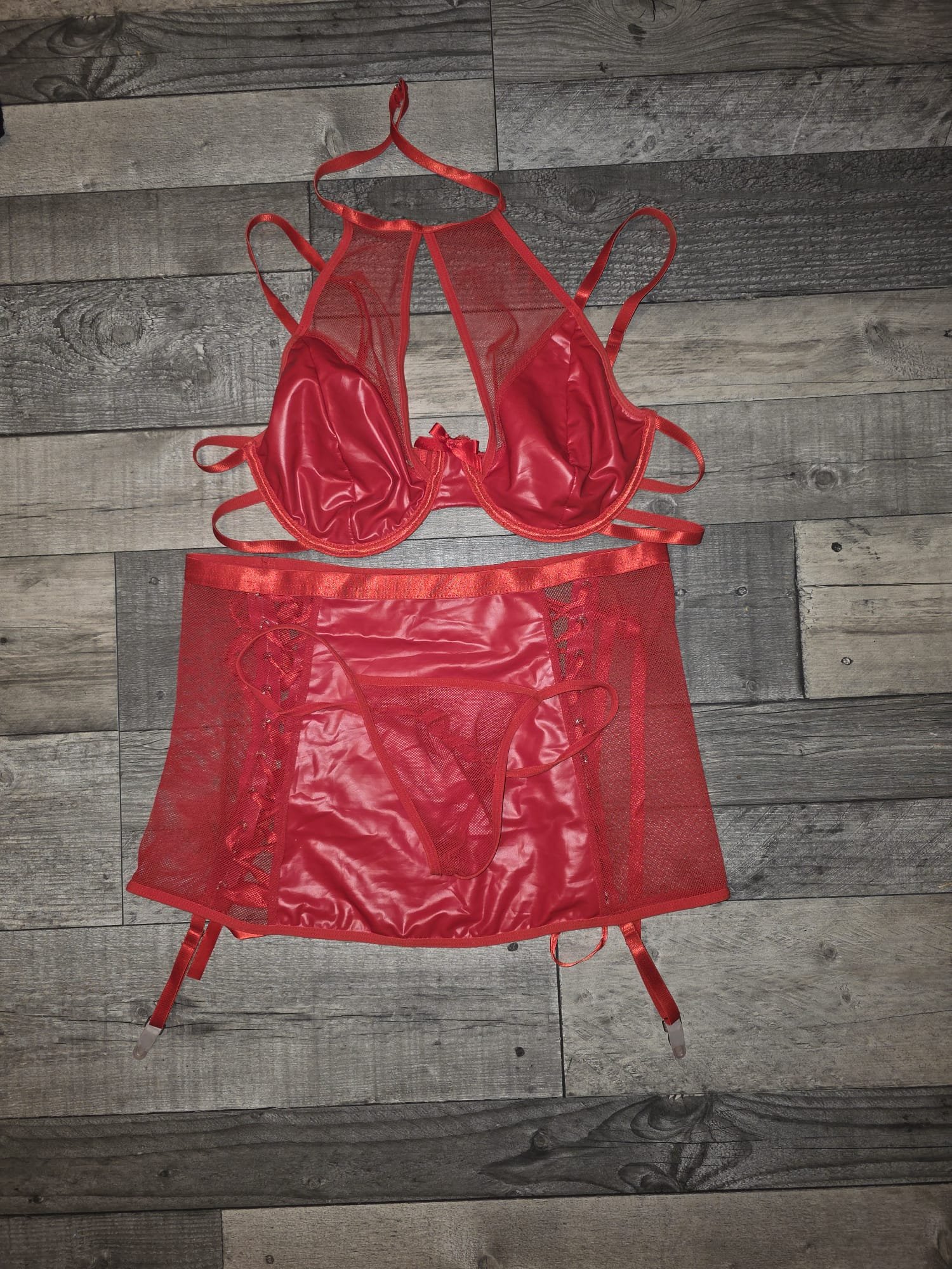 Three piece with fishnet stockings